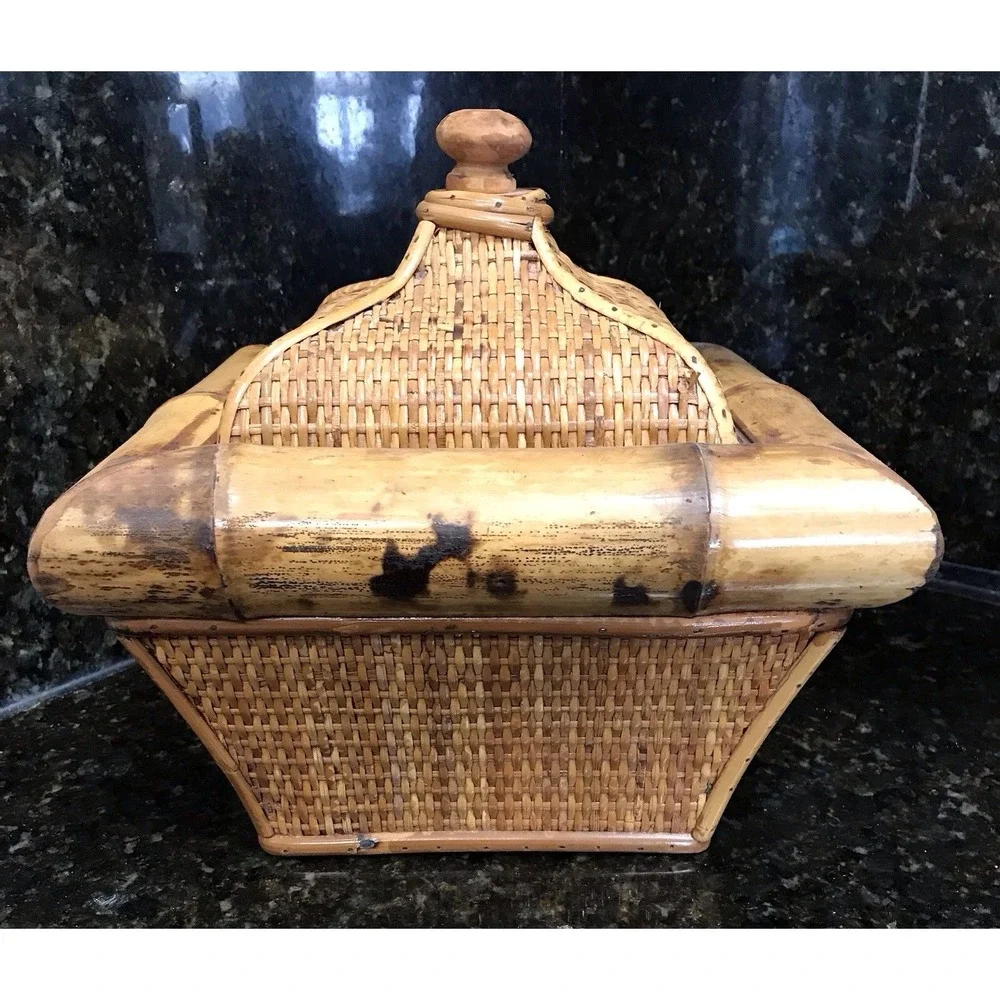 Vintage Wicker Rattan Scorched Bamboo Storage Box With Lid Planter